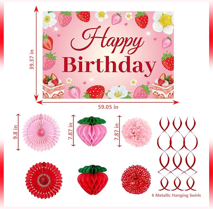 Strawberry Birthday Party Decorations ，Strawberries Banner Backdrop Red Pink Fans Hanging Swirls honeycomb ball Pom Poms for Baby Shower Strawberrys Shortcake Party Supplies(Strawberry)