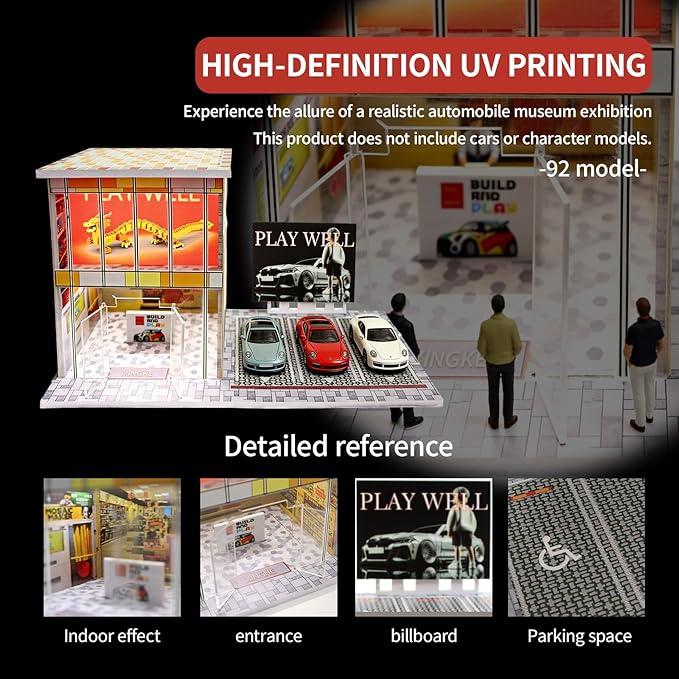 1/64 Model Car Display Shop Case for Adults, Premium in-House-Design Scale Diecast Parking Garage for Toy Cars, Toys Car Garage, Scenic Diorama Display Car Park with ith LED Lamps, Gifts for Men
