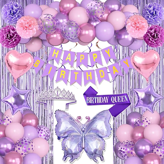 Ouddy Life Purple Pink Birthday Party Decorations for Women Girls, Butterfly Heart Foil Confetti Balloons Happy Birthday Banner Fringe Curtains Hanging Swirls Sash Crown Paper Poms Decor