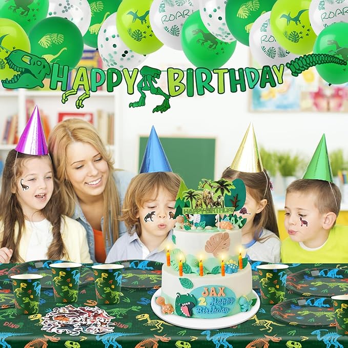 208pcs Dinosaur Birthday Party Decorations For Boys, Dinosaur Themes Birthday Party Supplies Serve 20 with Disposable Plates,Napkins,Cups,Cutlery Set, Banner,Tablecloth,Cake Topper,Ballons,Stickers
