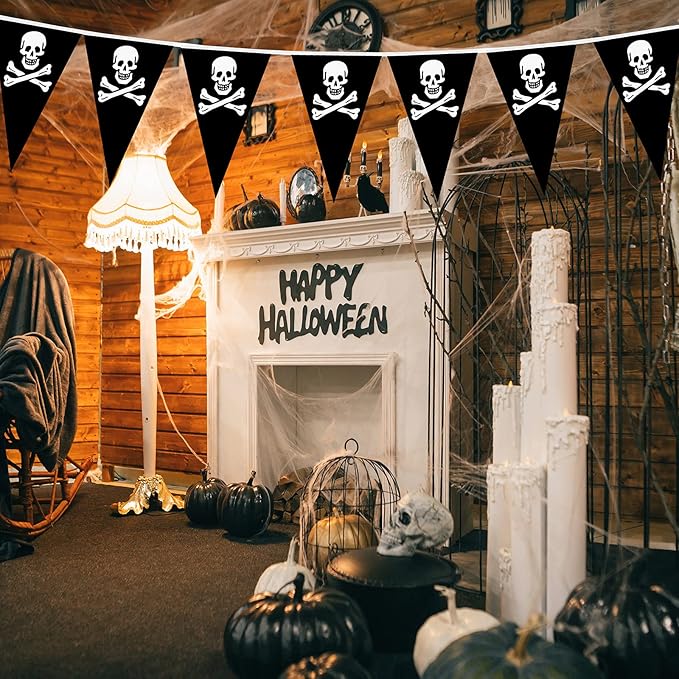 Tatuo 90 Pcs Pirate Banner Flag 99 ft Skull Pirate Party Decorations Birthday Jolly Roger Ship Triangle Pennant Bunting Decor for Gasparilla Celebration Indoor Outdoor Party Supplies