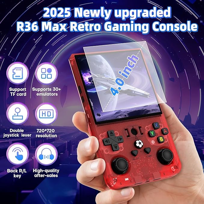 R36MAX Retro Handheld Game Console, 4.0 inch Retro Gaming Console with 64GB Memory, Portable Retro Video Games Console, 4000mAh Battery, Support 30+ Emulators, Transparent Red