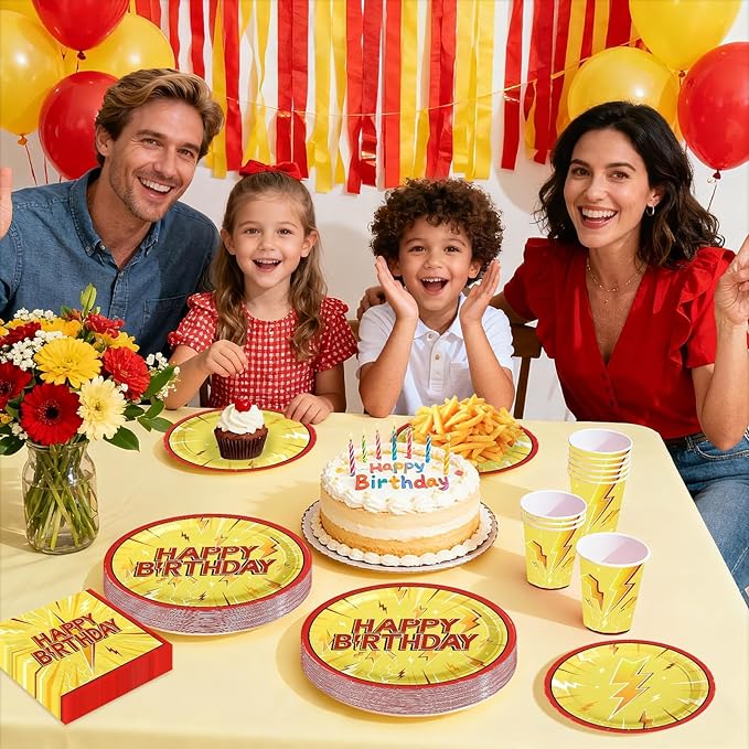168 Pcs Lightning Bolt Birthday Party Decorations Lightning Paper Plates and Napkins Yellow Red Cartoon Tableware Set for Light Birthdays Baby Shower Party Supplies, Serves 24