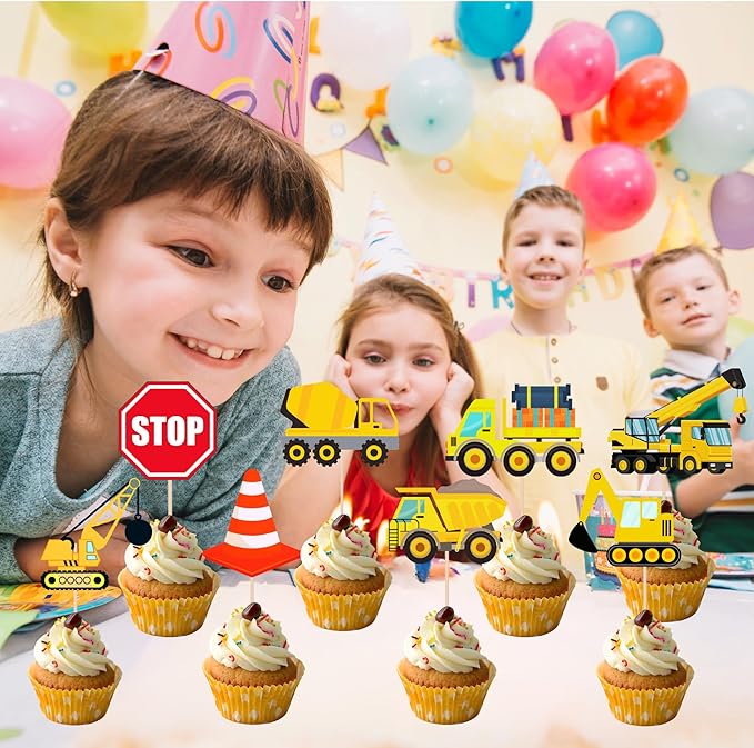 24 PCS Construction Cupcake Toppers Stop Sign Dump Truck Excavator Tractor Party Cake Food Picks Decorations for Construction Theme Baby Shower Kids Birthday Party Supplies