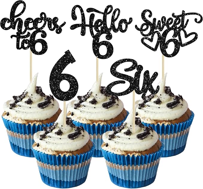 30Pcs 6th Birthday Cupcake Toppers Glitter Six Hello 6 Cupcake Picks Cheers to 6 Years Old Cake Decorations for 6th Birthday Party Supplies Black