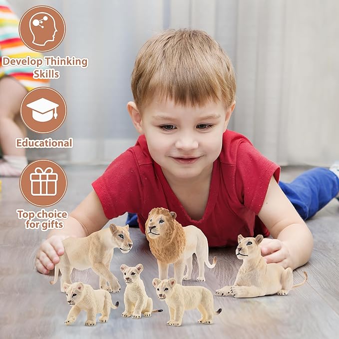 Toymany 6PCS White Lion Figurines with Lion Cubs, 2-5" Wild Life Jungle Animals Figures Realistic Family Set Includes Baby Lions, Educational Toy Cake Toppers Easter Birthday Present for Kids