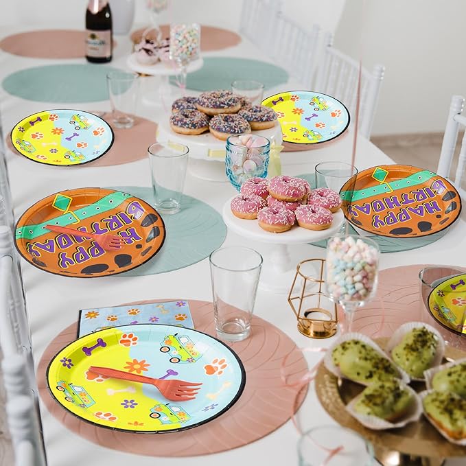 Dog Paw Birthday Party Supplies - 96PCS Cartoon Dog Birthday Party Plates Napkins Forks Disposable Tableware Set Birthday Parties Table Dinnerware Baby Shower Parties Plates Serve 24 Guests