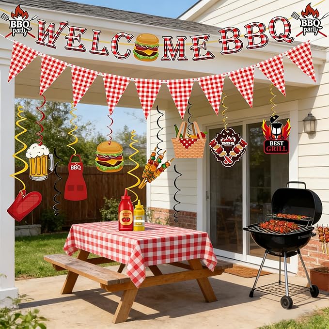BBQ Themed Party Decorations,Welcome BBQ Banner, Barbecue Picnic Hanging Swirls for Birthday Party Decor Supplies