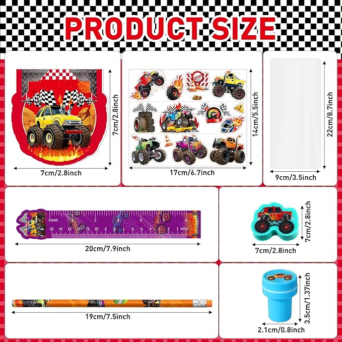 Cholemy 144 Pcs Monster Truck Party Favors Truck Party Supplies School Stationery Set Notebook Sticker Stamper Eraser Ruler Pencil Bag for Birthday Baby Shower Gifts Classroom Prize(Colorful,Monster)