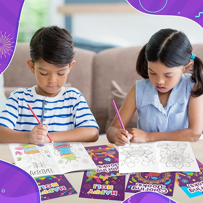 Holi Coloring Books for Kids 24Pcs Bulk Happy Holi Mini Coloring Booklet DIY Art Drawing Book for Toddlers Indian Festival Holiday Party Goodie Bags Stuffers Sunday School Classroom Favor