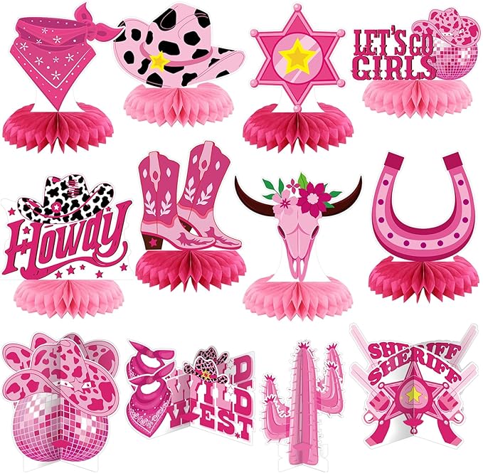 12 Pcs Western Cowgirl birthday Party Decorations Honeycomb Centerpieces Western Let's Go Girls Table Decoration Pink Disco Cowgirl Table Topper for Bachelorette Party Favors Supplies