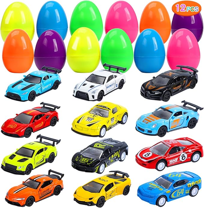 CUTE STONE 12 Pack Filled Easter Eggs with Alloy Racing Car Toy, Prefilled Easter Basket Stuffers Party Favors for Kids, Boys and Girls