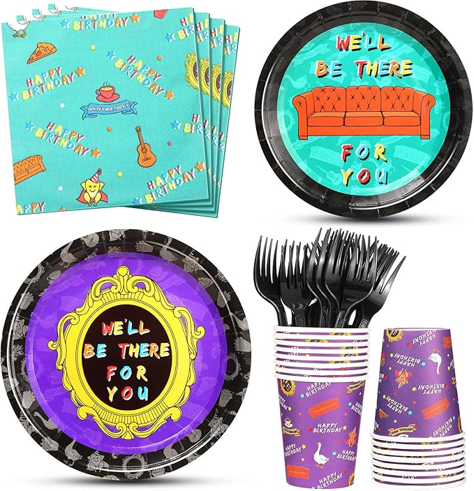 84 Pcs Happy Birthday Party Supplies Birthday Decorations Include Paper Plates Paper Cups Napkins Black Plastic Fork Disposable Dinnerware for Party Supplies