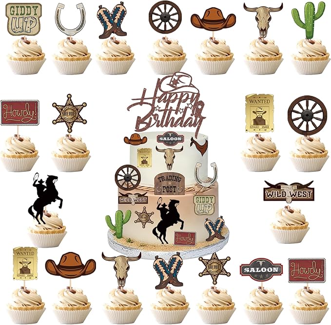 31 Pcs Cowboy Cake Toppers Glitter Cowboy Hat Cake Decorations Western Theme Happy Birthday Party Decoration for Boys Girls, Western Birthday Sign Decor Party Decor Party Supplies