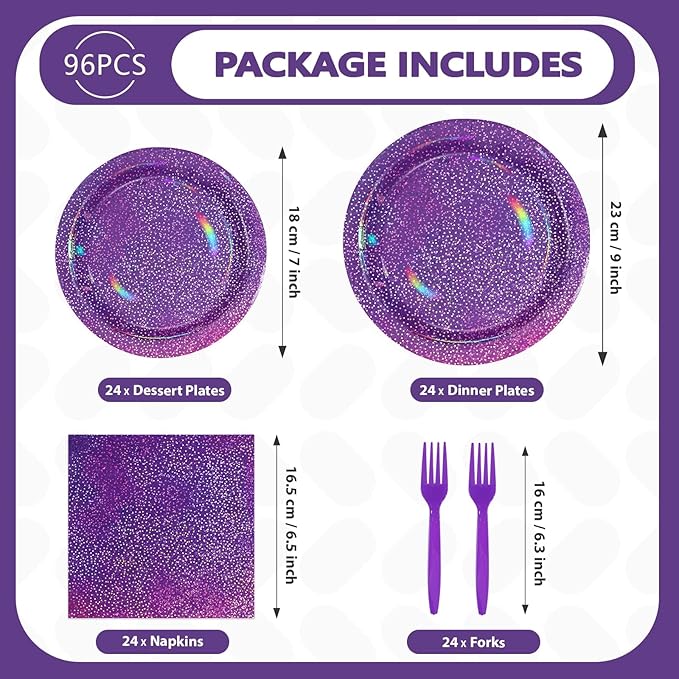 Grencian 96Pcs Purple Party Supplies Iridescent Rainbow Purple Plates and Napkins Sets Iridescent Purple Birthday Decorations for Girls Women Sprinkle Wedding Anniversary Party Favors Serves24