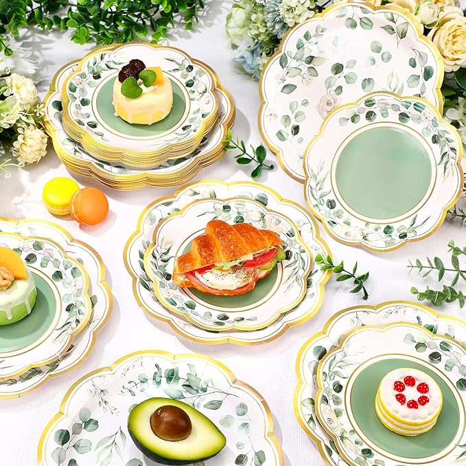 60 Pcs Eucalyptus Greenery Paper Plates 9 in and 7 in Sage Green Dessert Party Plates with Gold Rim Disposable Floral Shape Tableware for Wedding Birthday Party Baby Shower Bridal Shower