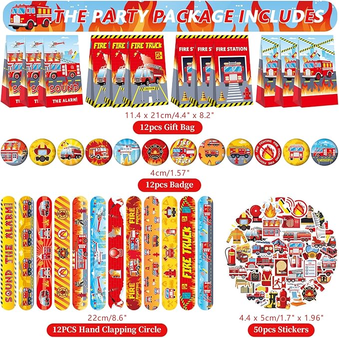 122PCS Fire Truck Party Favors, 50 Stickers, 12 Assemble Stickers, 12 Button Badges, 12 Mini Notepads, 12 Slap Bracelets, 12 Rubber Bracelets, 12 Goodie Bags for Firefighter Firetruck Party Supplies