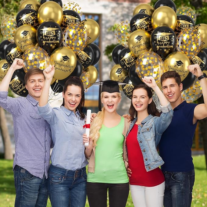 Graduation Balloons, 50PCS 12 inch Black gold Graduate Ballons for Graduates from College and High School Class of 2025 Congrats Grad Party Decorations
