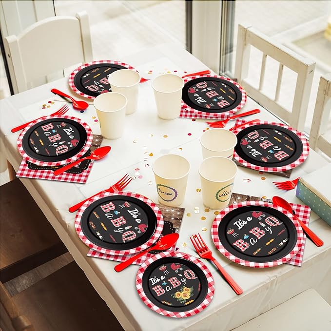 Tevxj 96 PCS BBQ Baby Shower Plates Napkins BabyQ Party Tableware It’s A Baby Q Disposable Paper Plates Napkins Sunflower Rustic Barbecue Gender Reveal Baby Shower Party Decorations Supplies Favors