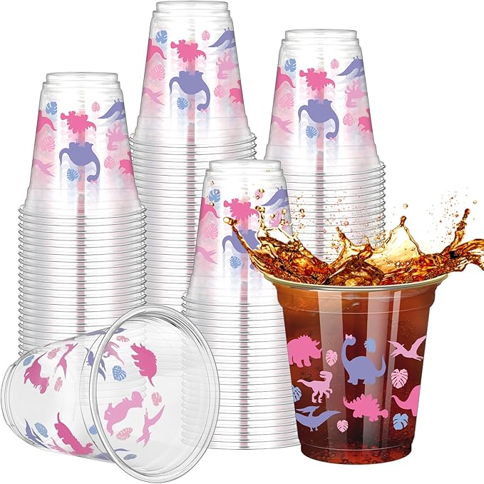 50 Pcs Girl Dinosaur Birthday Party Decorations Cups 12 oz Dinosaur Disposable Plastic Cups Dino Theme Tumbler for Three Rex Birthday Party Supplies Decorations, Pink