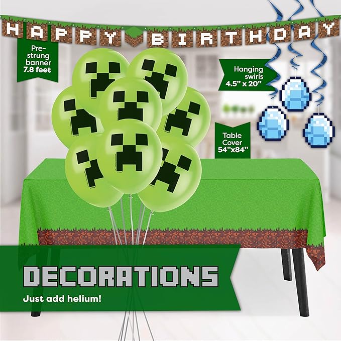 Mega Minecraft Party Supplies and Decorations Set, Minecraft Birthday Party Supplies, Serves 16 Guests, Includes Plates, Banner, Table Cover, Balloons and More