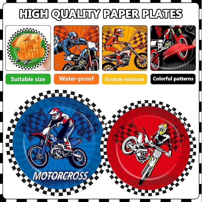 96Pcs Dirt Bike Party Decorations Motocross Birthday Dessert Plates Tableware Motorcycle Theme Dinner Paper Plates Napkins Racing Theme Dinnerware for Boys Baby Shower Supplies Favors