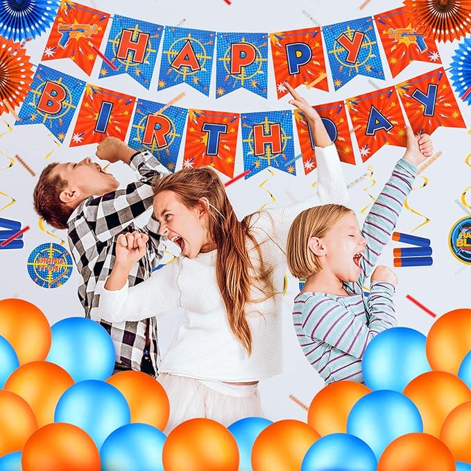 30 Pieces Dart Happy Birthday Supplies Gun Decoration Banner Latex Balloons Paper Fans Honeycomb Centerpieces 3D Dart Table Decorations Hanging Swirls for Birthday Party