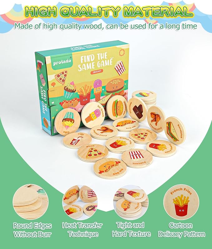 Wooden Match Memory Game for Kids, 24Pc Memory Matching Cards, Educational Memory Matching Game for Pre-Kindergarten Early Learning Development Kids (Delicacy)
