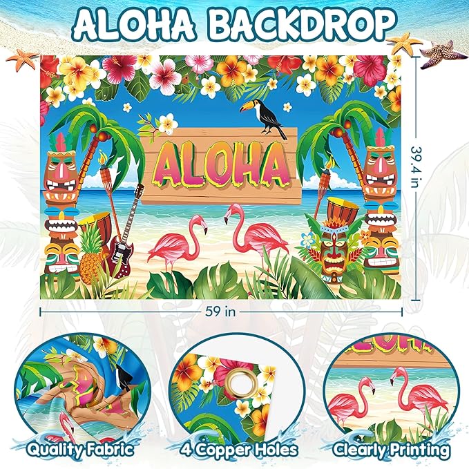 101PCS Hawaiian Themed Party Decorations Set, Tropical Beach Aloha Summer Party Supplies, Including Backdrop, Table Skirt, Honeycomb Centerpieces, Balloons for Luau, Tiki Birthday Party