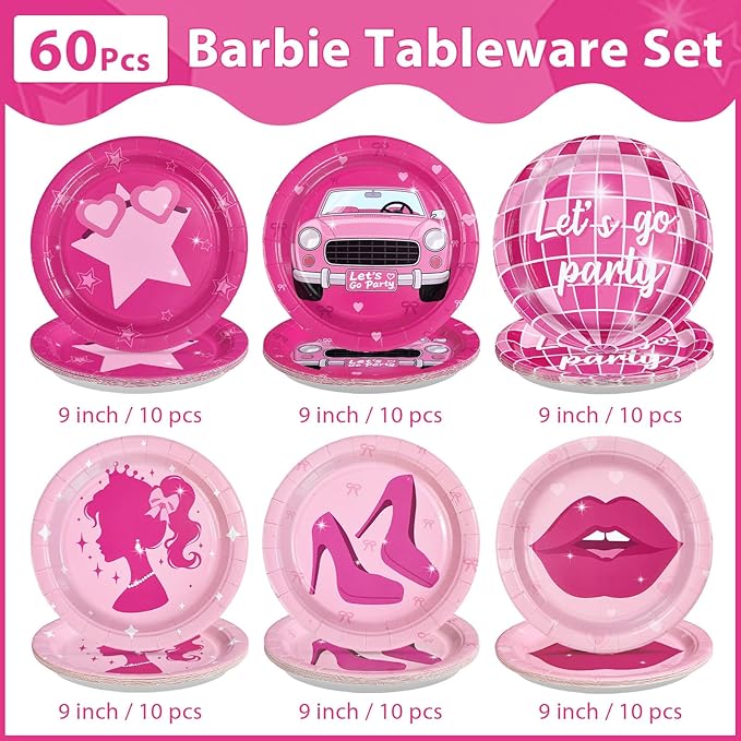 60Pcs Hot Pink Paper Plates 10" Heavy Duty Disposable Pink Girls Dessert Plates Let's Go Party Decorations for Women Girls Night Birthday Disco Bachelorette Bridal Shower Party Supplies