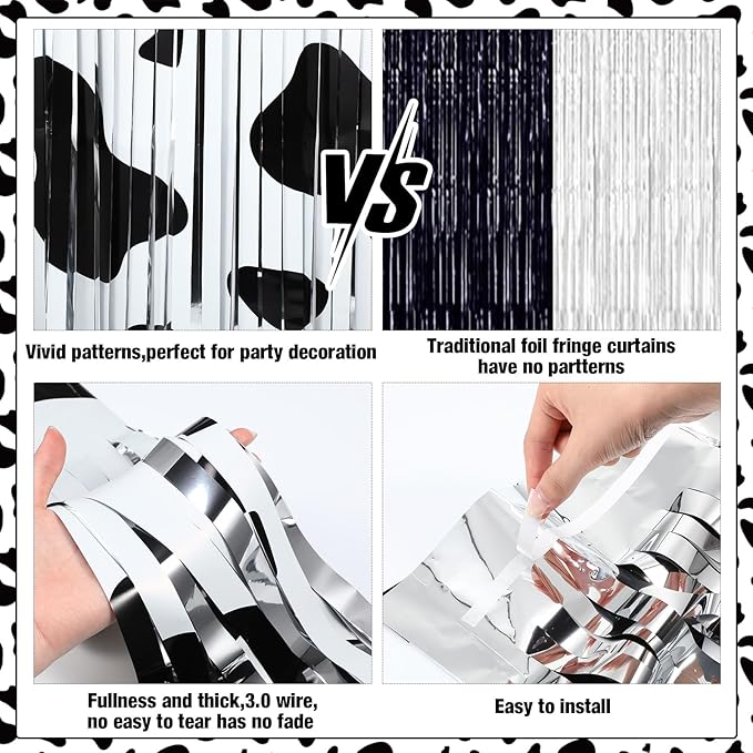 2 Pcs Cow Party Decorations 3.3 x 6.6 ft Black and White Cow Farm Foil Fringe Curtains Backdrop Tinsel Streamers for Photo Booth Farm Birthday Disco Cowgirl Rodeo Party Decor Supplies