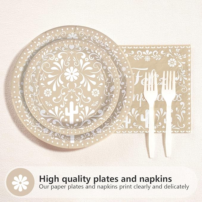 96Pcs Feliz Cumpleaños Party Supplies Floral Mexican Fiesta Happy Birthday Plates and Napkins Mexico Clay White Flowers Cactus Cino De Mayo Tableware Set for Birthday Party Decorations Serves 24