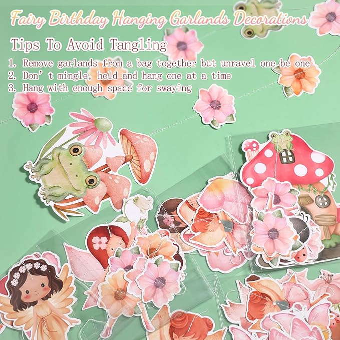 8 Pcs Fairy Party Decorations Fairy First Birthday Hanging Garlands Banner Butterfly Mushroom Flower Paper Cutouts Streamer for Wall Ceiling Decor Wonderland Garden Tale Floral Party Supplies