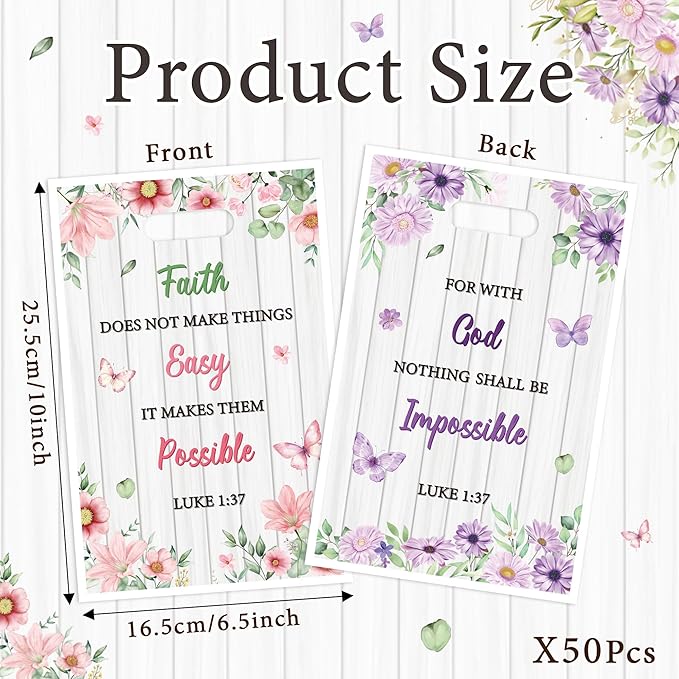 50Pcs Religious Party Favor Bags - Bible Verse Floral Goodie Candy Treat Plastic Gift Bag Inspirational Flower Christian Party Decoration for Kid Women Birthday Wedding Baptism Spring Church Supplies