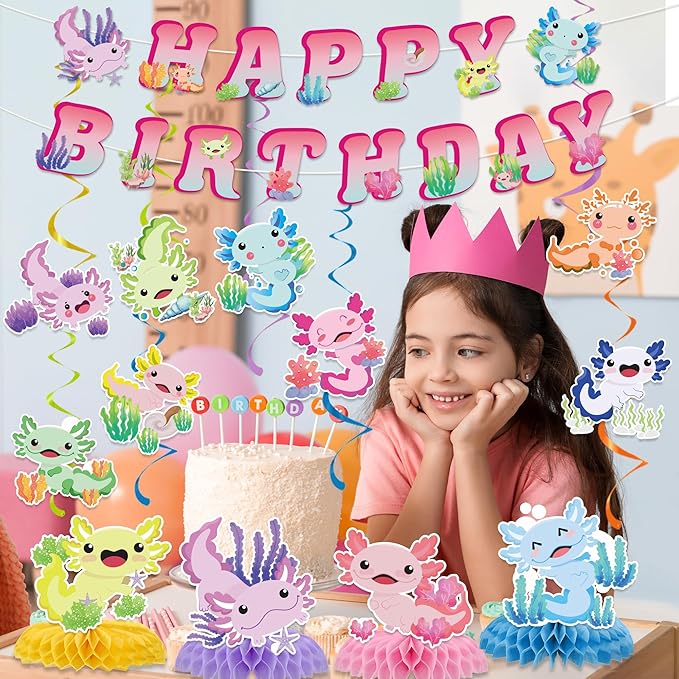 Axolotl Birthday Decorations Include Colorful Axolotl Happy Birthday Banners Hanging Swirls Honeycomb Centerpiece Reptile Animals Axolotl Theme Bday Party Supplies