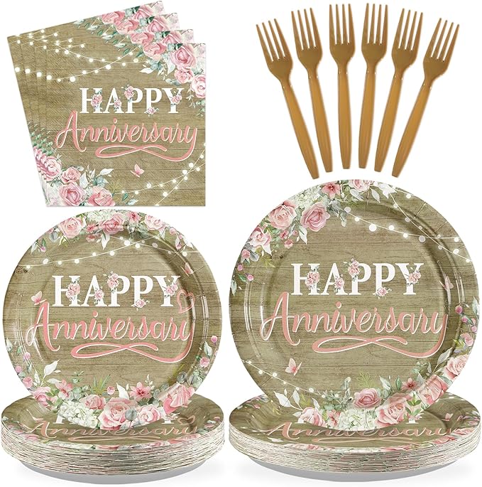 96Pcs Happy Anniversary Party Decorations Rustic Pink Floral Happy Anniversary Plates and Napkins Wooden Cheers to Marriage Decoration for 40th 50th Wedding Commemoration Day Party Supplies Serves 24