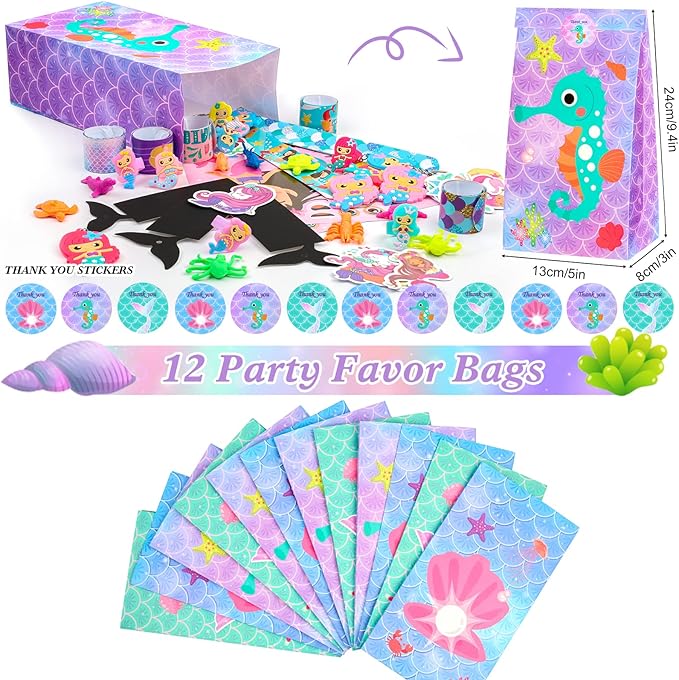 Mermaid Party Favors, 12 Pack Mermaid Birthday Party Supplies - Goodie Bags, Stickers, Scratch Art, Rings, Slap Bracelets, Keychains, Grow Animals for Party Decorations, Pinata Stuffers