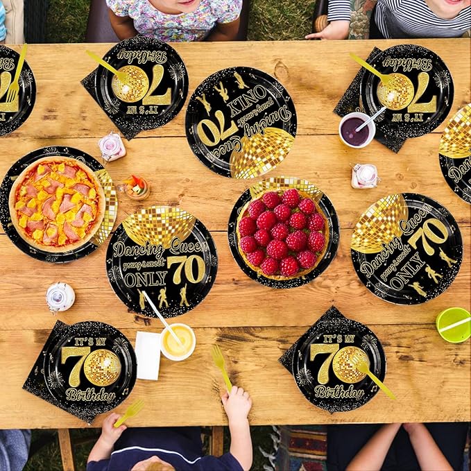 96Pcs Happy 70th Birthday Party Supplies Dancing Queen Young and Sweet Only 70 Plates and Napkins Disco Black Gold Tableware Set for Queen Women Cheers to 70 Years Party Supplies, Serves 24