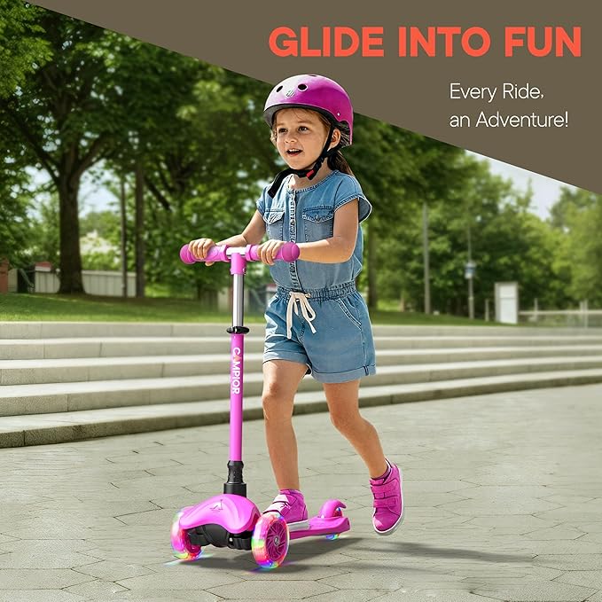 Purple Mini 3 Wheel Scooter for Kids – Lean-to-Steer with LED Light-Up Wheels, Adjustable Handlebar, Wide Anti-Slip Deck, Smooth PU Wheels, Rear Foot Brake – Toddler Scooter for Ages 2+