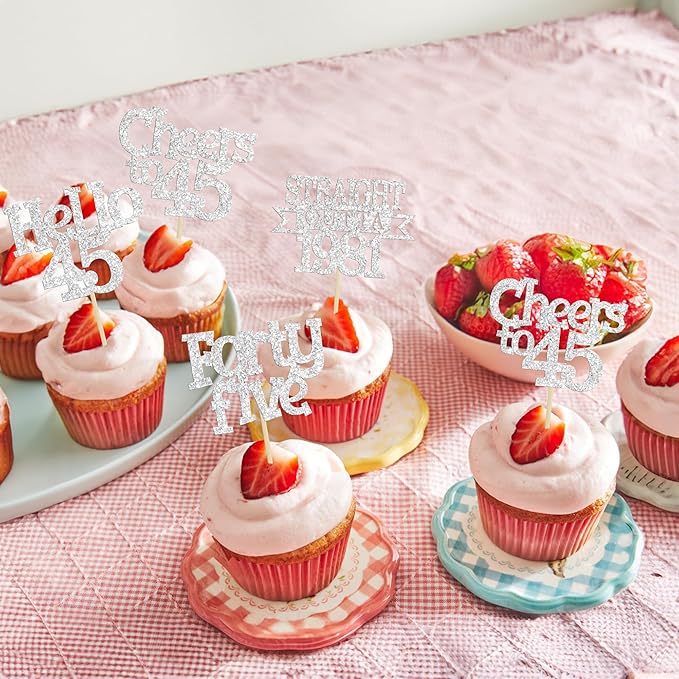 Ephlyn 24Pcs 45th Birthday Cupcake Toppers Glitter Straight Outta 1981 Cupcake Picks Hello 45 Cheers to 45 Years Cake Decorations for 45th Birthday Anniversary Party Decorations Supplies Silver