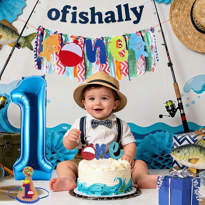 Ofishally Highchair Banner for Baby First Birthday Party Decorations Gone Fishing High Chair Tassel Garland Banner Ofishally One Birthday Party Fabric Banner for Boy 1st Bday Photo Props Backdrop Decors