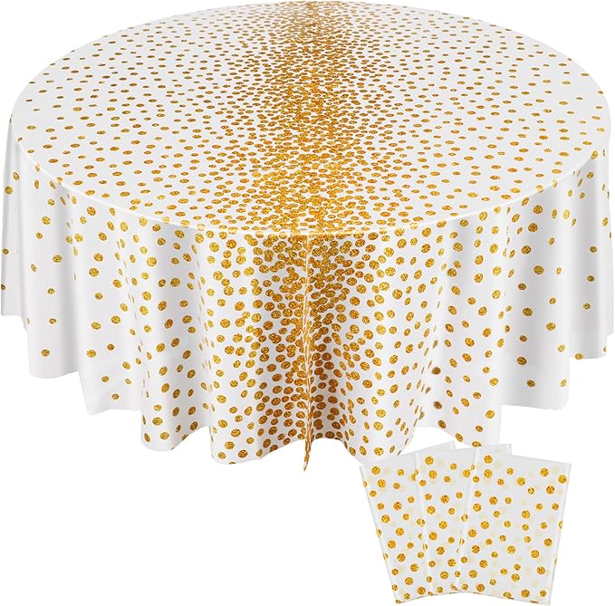 VitalCozy Round Dot Tablecloth 84 Inch Plastic Table Cover Polka Dot Confetti Tablecloths for Easter 2026 Graduation Prom Wedding Birthday Spring Party Supplies(White and Gold,3 Pcs)