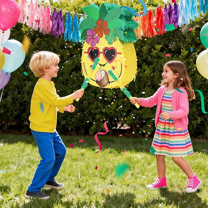 Pineapple Pinatas Bundle with a Blindfold and Bat (15.4x13x4 Inches), Perfect for Summer Beach Theme Birthday Party Supplies, Hawaiian Tropical Fruit Party Decoration Games