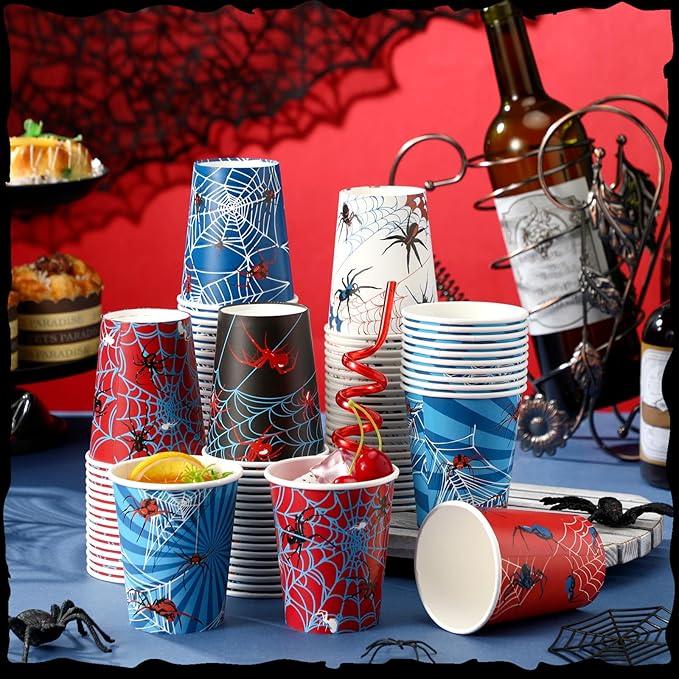 100 Pcs 9 oz Spider Disposable Paper Cups Spider Party Supplies Bulk Party Disposable Coffee Cups for Tea Beverage Hot Cold Drinking Holiday Picnic Cocktail Wedding Home Offices