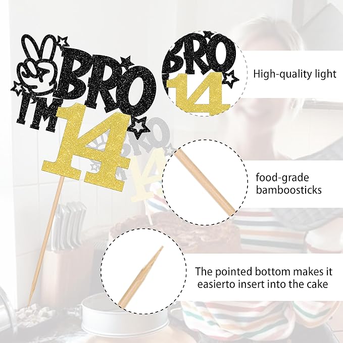 1 PCS Brother I'm 14 Cake Topper Glitter Star Happy 14th Birthday Cake Pick Bro I'm 14 Cake Decoration It's My 14th Birthday Decorations for Boys Cheers to 14 Years Old Birthday Party Supplies Gold