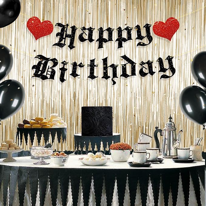 Pre-Strung Goth Birthday Decorations, No DIY Gothic Happy Banner Glitter Funeral Party Supplies