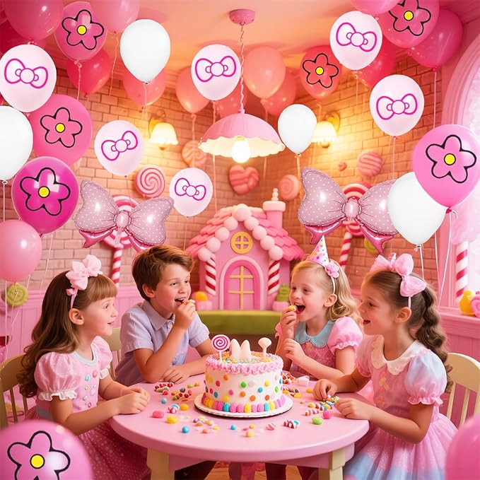 Pink Balloon 64Pcs 12 Inch，Cute Bow Flower Print Balloons for Cartoon Themed Birthday Party Decorations Boys Girls Gatherings Party Supplies