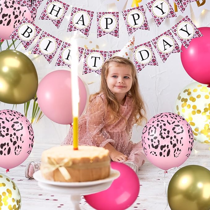 Civaner 51 Pieces Pink Cheetah Birthday Decorations Including Cheetah Birthday Banner Theme Balloons Leopard Cake Topper Safari Animal Print Tablecloth and Ribbon for Baby Shower Party Supplies