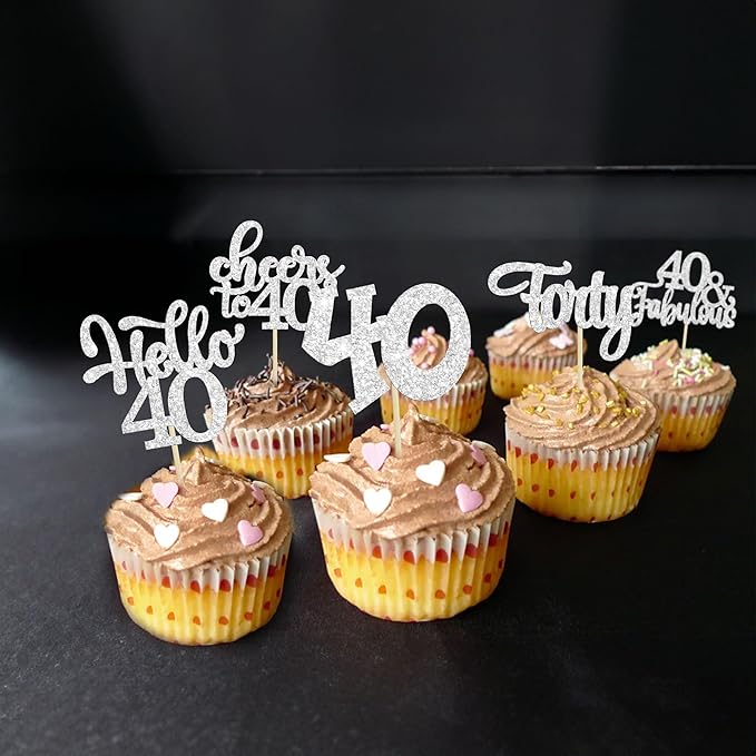 30pcs Happy 40th Birthday Cupcake Toppers - Silver Glitter Forty Cheers to 40 Years Old Cupcake Picks for Anniversary Party Cake Decorations
