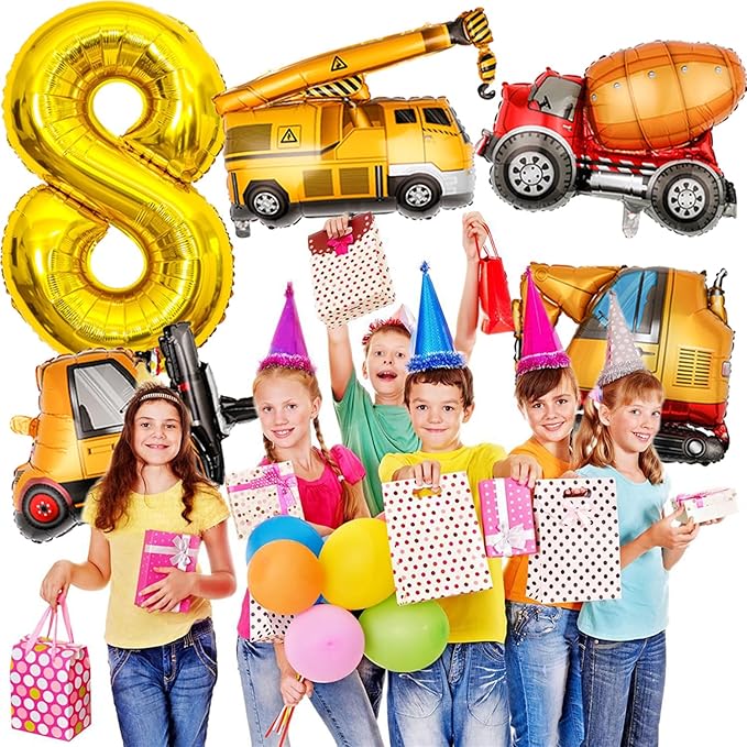 Construction Birthday Party Supplies 8 Year Old, Large Construction Balloons 40Inch Gold Number 6 Balloons Construction Truck Foil Balloons for Boys 8th Construction Birthday Party Decorations